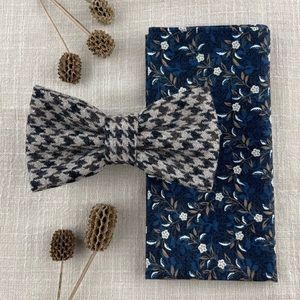Men’s Houndstooth Check Wool Bow Tie & Navy Floral Pocket Square Set